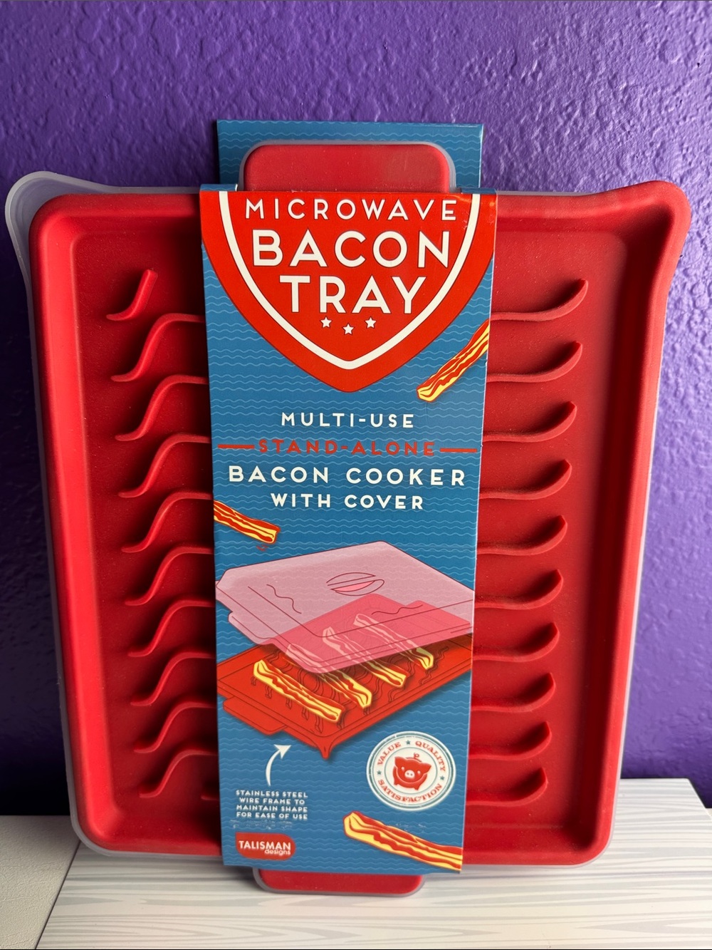 Talisman Designs Microwave Bacon Tray with Cover Red Silicone Spatter Guard NWT